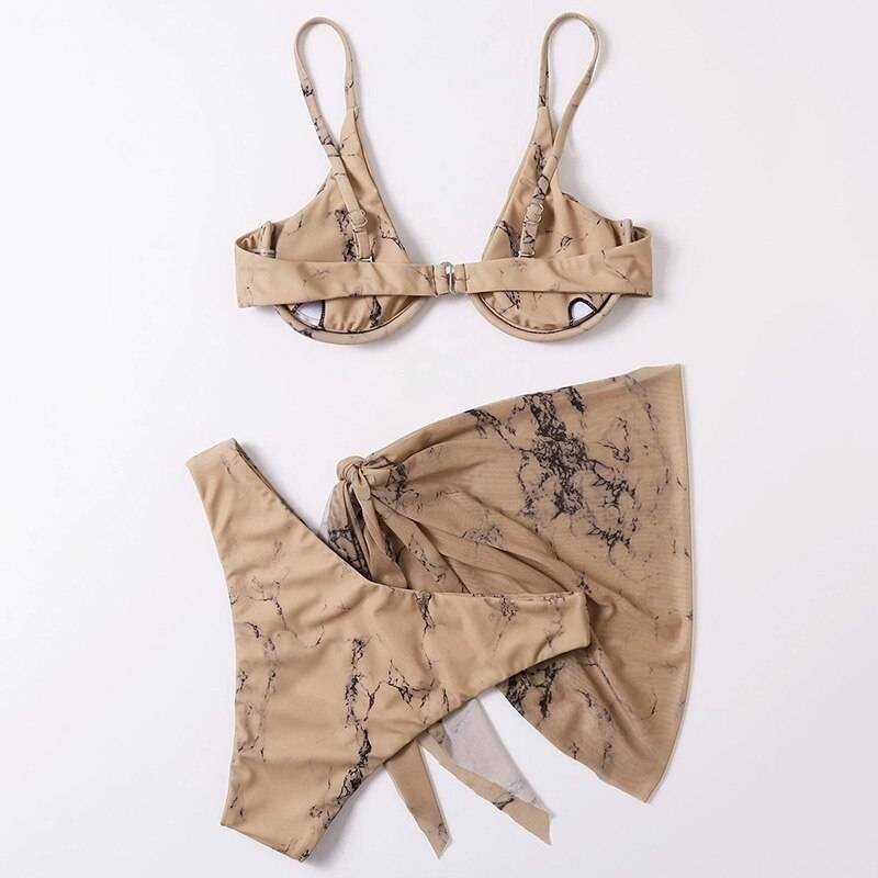 New Sexy Marble Print Push Up bikini Women Swimsuit Female Swimwear 3-piece Bikini set V-Bar Wired Short Skirt Bathing suit Swim