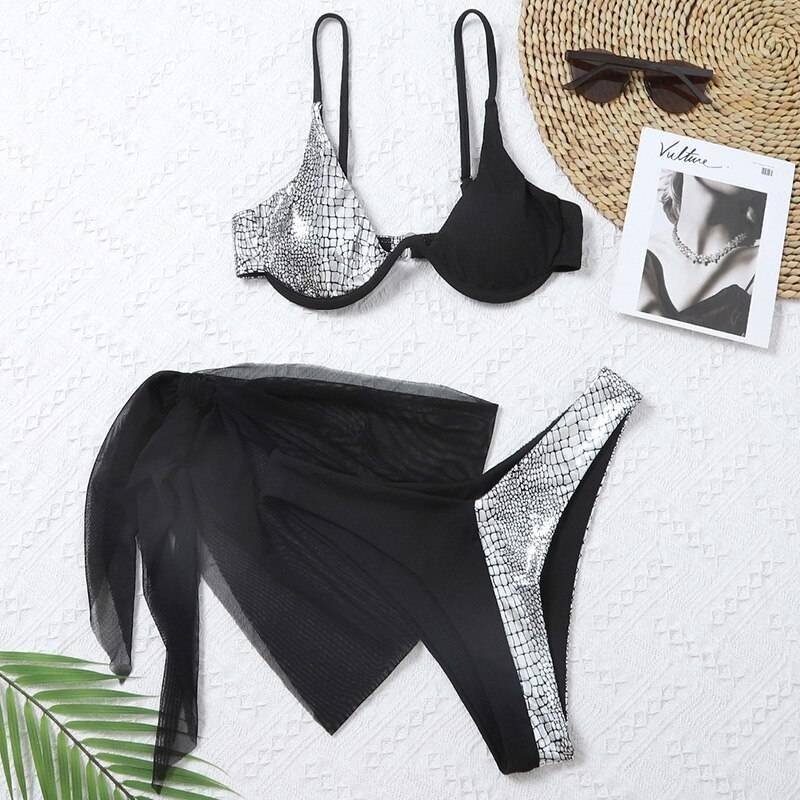 New Sexy Marble Print Push Up bikini Women Swimsuit Female Swimwear 3-piece Bikini set V-Bar Wired Short Skirt Bathing suit Swim