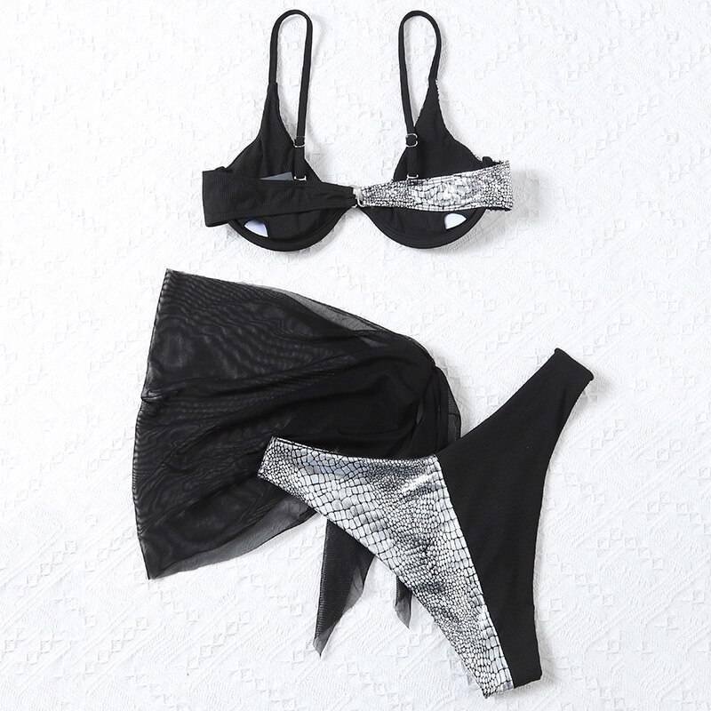 New Sexy Marble Print Push Up bikini Women Swimsuit Female Swimwear 3-piece Bikini set V-Bar Wired Short Skirt Bathing suit Swim