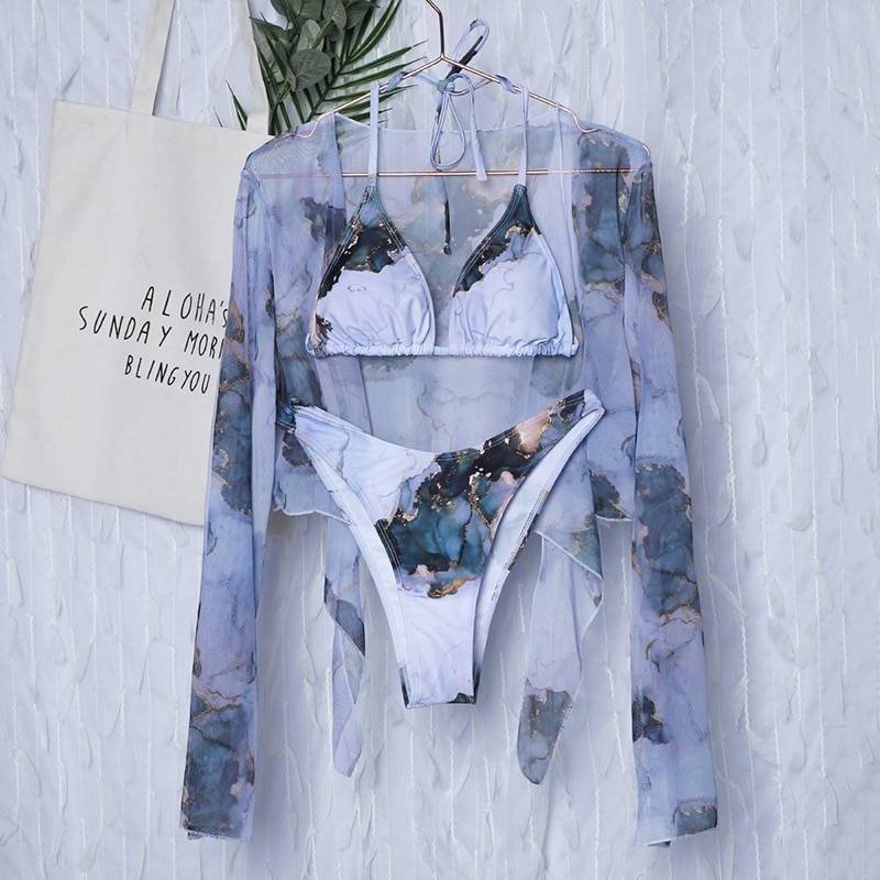 New Sexy Marble Print Push Up bikini Women Swimsuit Female Swimwear 3-piece Bikini set V-Bar Wired Short Skirt Bathing suit Swim