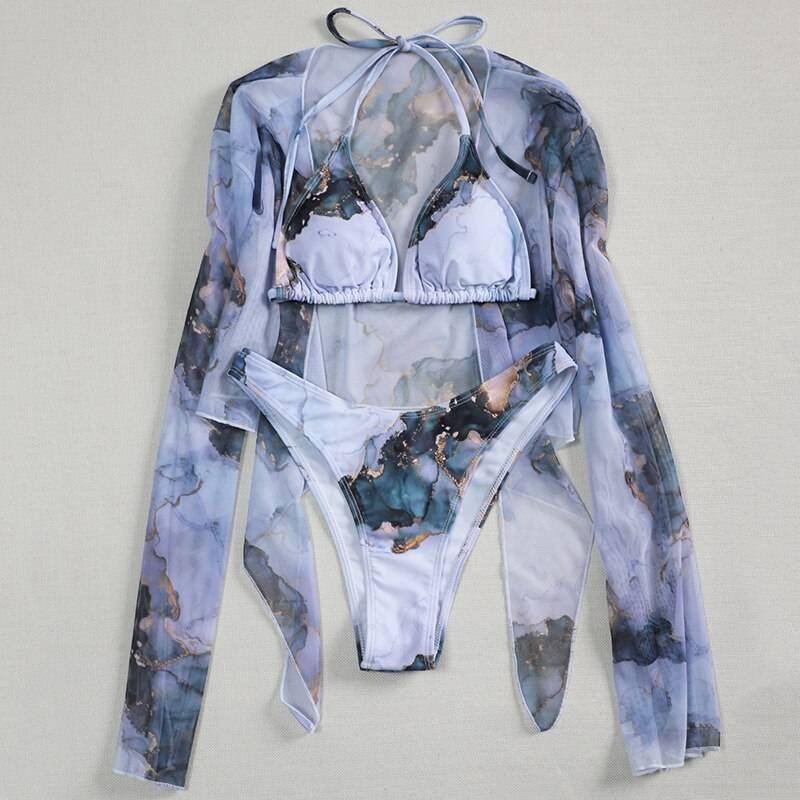 New Sexy Marble Print Push Up bikini Women Swimsuit Female Swimwear 3-piece Bikini set V-Bar Wired Short Skirt Bathing suit Swim