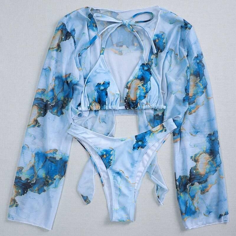 New Sexy Marble Print Push Up bikini Women Swimsuit Female Swimwear 3-piece Bikini set V-Bar Wired Short Skirt Bathing suit Swim