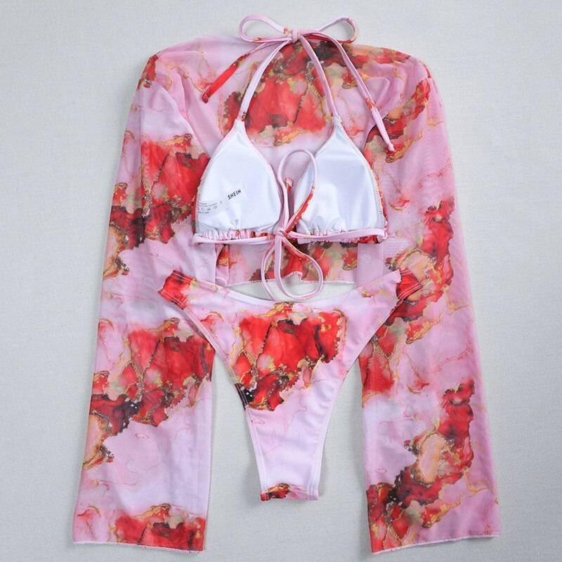 New Sexy Marble Print Push Up bikini Women Swimsuit Female Swimwear 3-piece Bikini set V-Bar Wired Short Skirt Bathing suit Swim