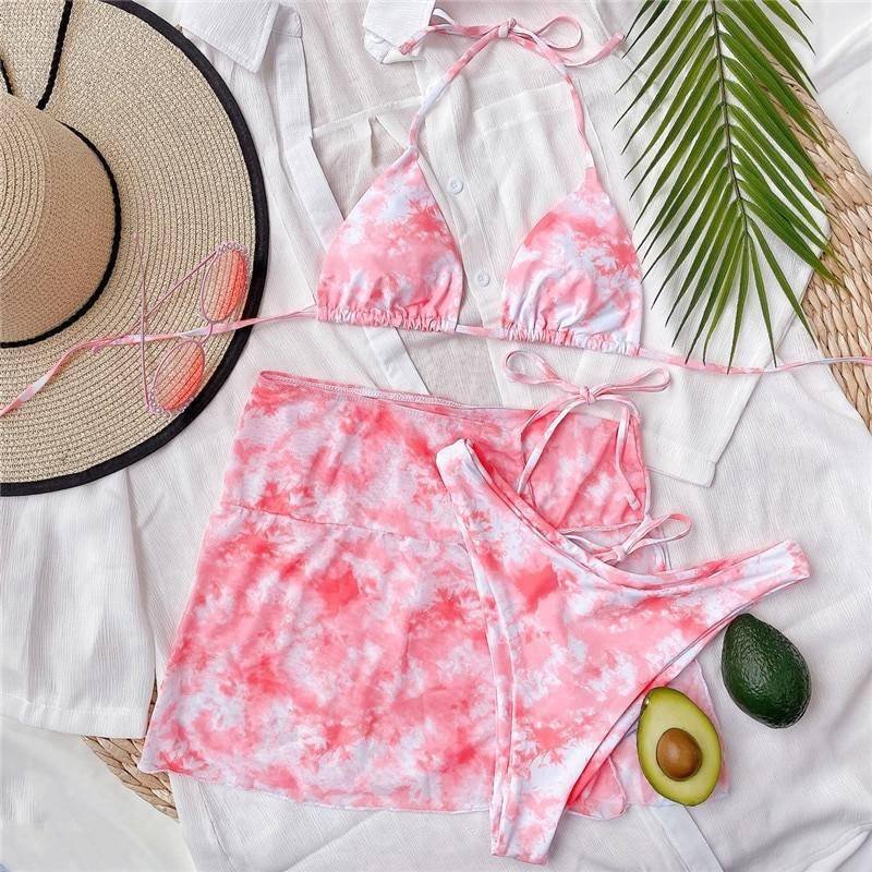 Peachtan Tie dye bikini 2020 Skirted swimsuit women High cut 3 piece suit halter swimwear female Triangle bathing suit Backless