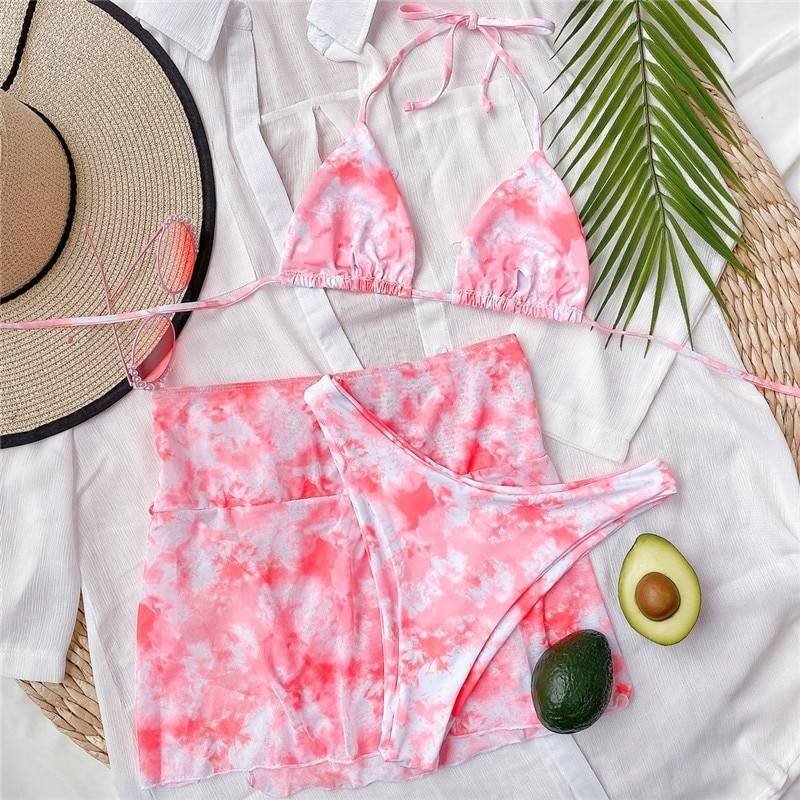 Peachtan Tie dye bikini 2020 Skirted swimsuit women High cut 3 piece suit halter swimwear female Triangle bathing suit Backless