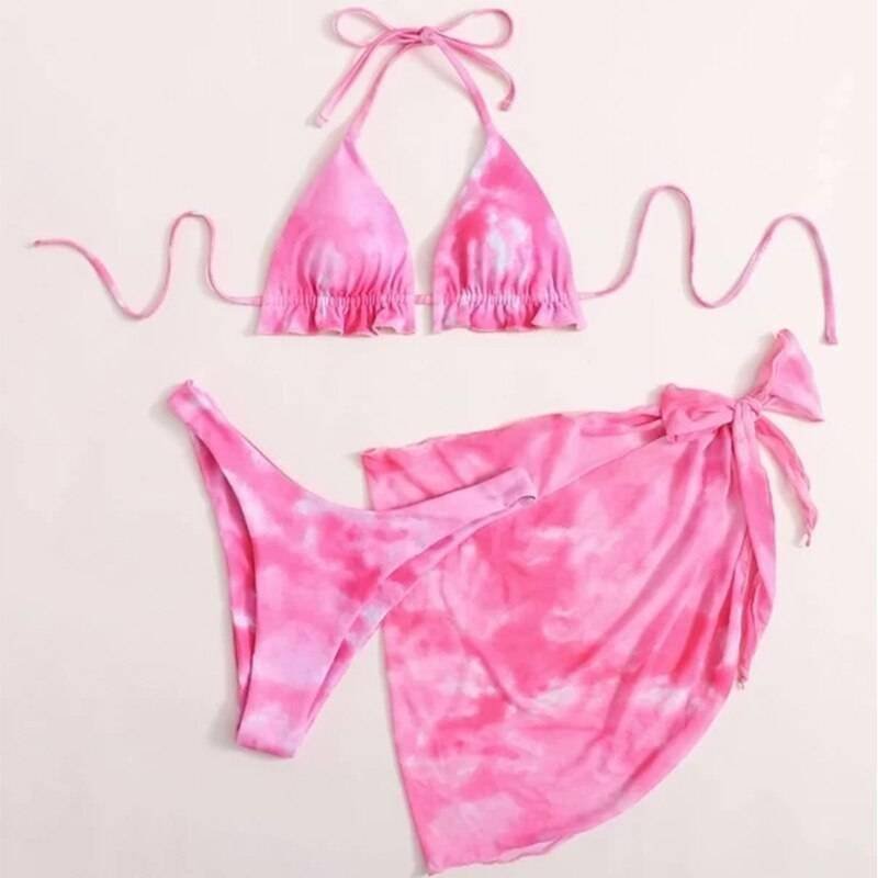 Peachtan Tie dye bikini 2020 Skirted swimsuit women High cut 3 piece suit halter swimwear female Triangle bathing suit Backless