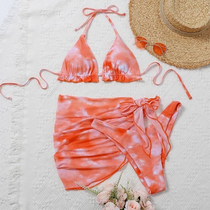 Peachtan Tie dye bikini 2020 Skirted swimsuit women High cut 3 piece suit halter swimwear female Triangle bathing suit Backless