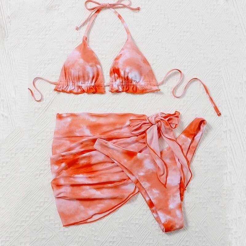 Peachtan Tie dye bikini 2020 Skirted swimsuit women High cut 3 piece suit halter swimwear female Triangle bathing suit Backless