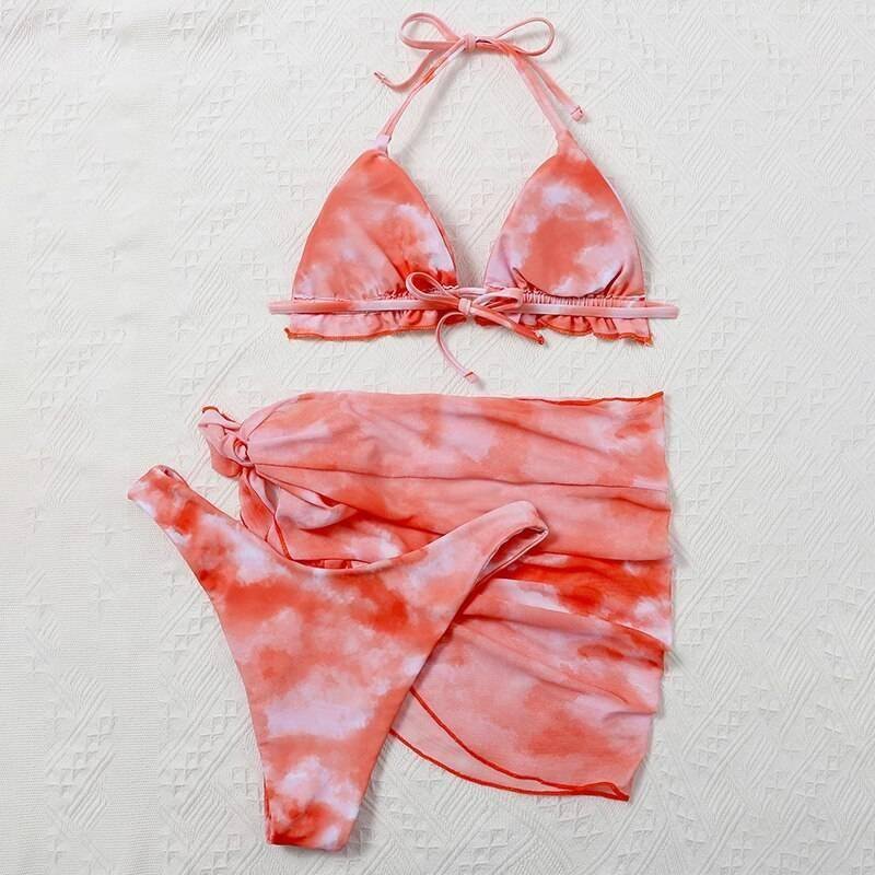 Peachtan Tie dye bikini 2020 Skirted swimsuit women High cut 3 piece suit halter swimwear female Triangle bathing suit Backless