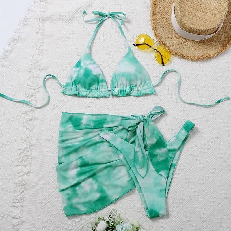 Peachtan Tie dye bikini 2020 Skirted swimsuit women High cut 3 piece suit halter swimwear female Triangle bathing suit Backless