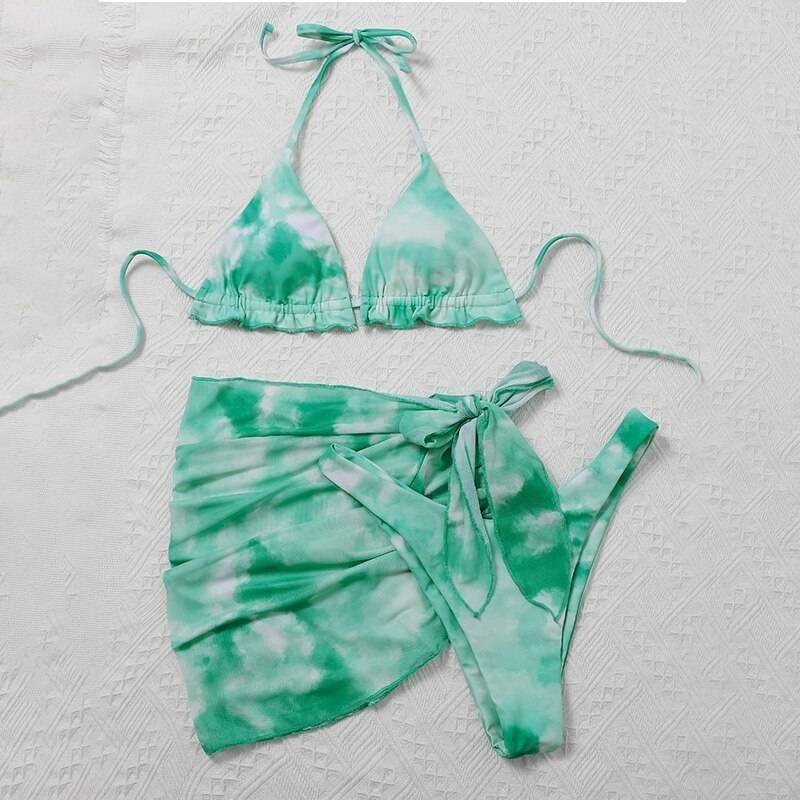 Peachtan Tie dye bikini 2020 Skirted swimsuit women High cut 3 piece suit halter swimwear female Triangle bathing suit Backless