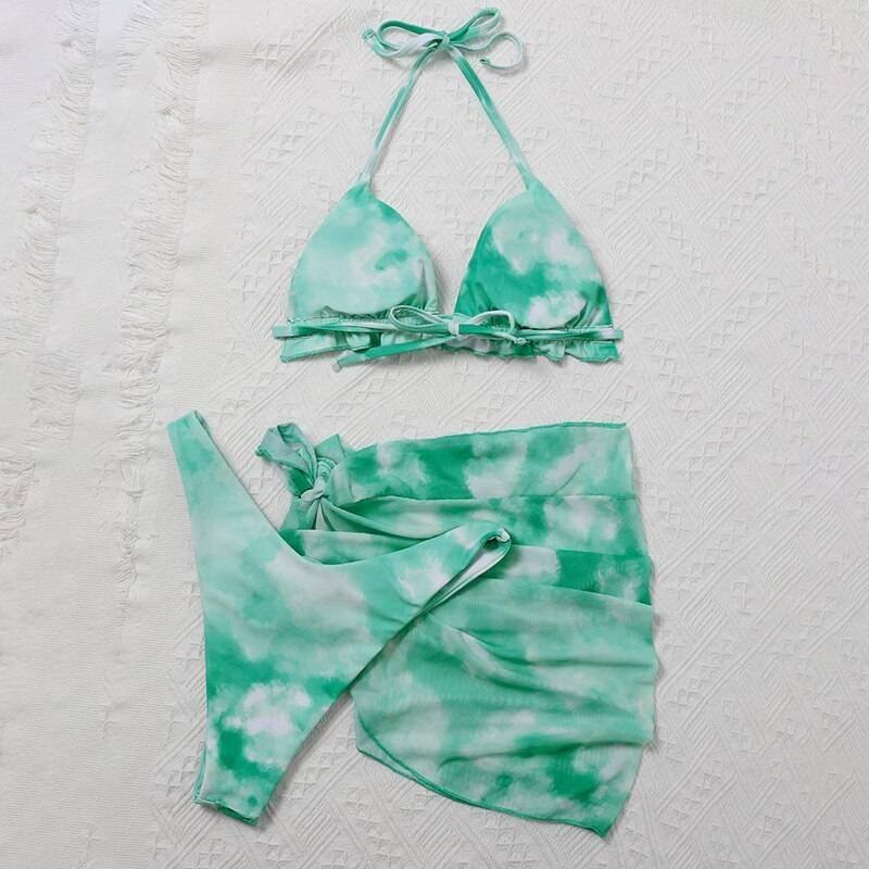 Peachtan Tie dye bikini 2020 Skirted swimsuit women High cut 3 piece suit halter swimwear female Triangle bathing suit Backless