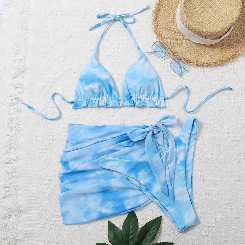 Peachtan Tie dye bikini 2020 Skirted swimsuit women High cut 3 piece suit halter swimwear female Triangle bathing suit Backless
