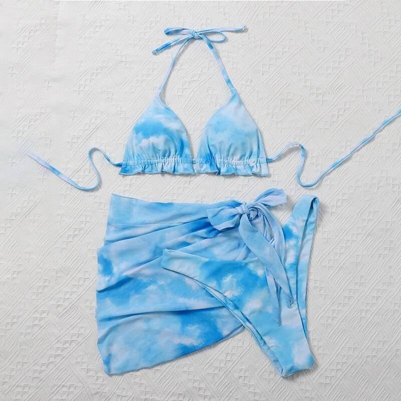 Peachtan Tie dye bikini 2020 Skirted swimsuit women High cut 3 piece suit halter swimwear female Triangle bathing suit Backless