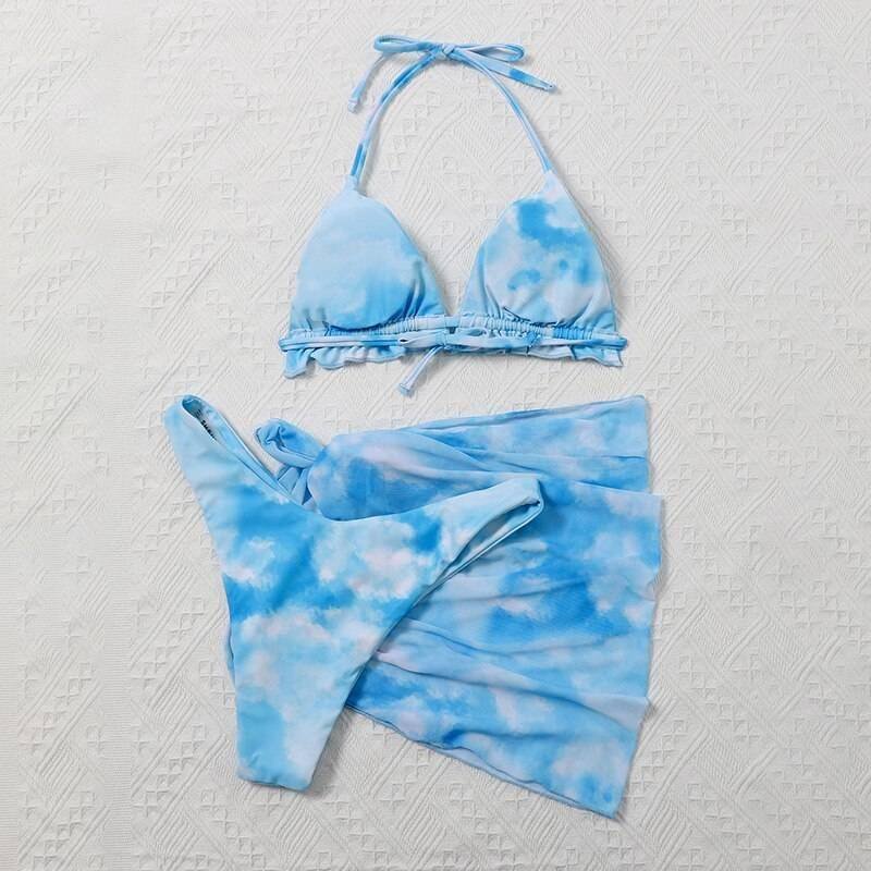 Peachtan Tie dye bikini 2020 Skirted swimsuit women High cut 3 piece suit halter swimwear female Triangle bathing suit Backless