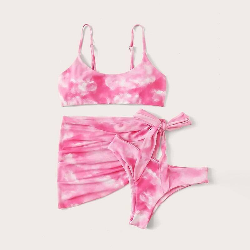 Peachtan Tie dye bikini 2020 Skirted swimsuit women High cut 3 piece suit halter swimwear female Triangle bathing suit Backless