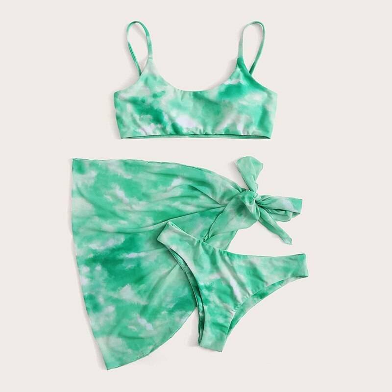 Peachtan Tie dye bikini 2020 Skirted swimsuit women High cut 3 piece suit halter swimwear female Triangle bathing suit Backless