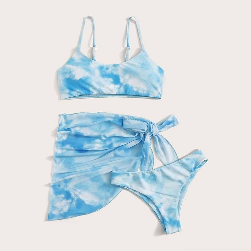 Peachtan Tie dye bikini 2020 Skirted swimsuit women High cut 3 piece suit halter swimwear female Triangle bathing suit Backless