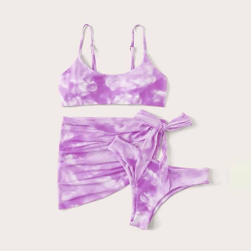Peachtan Tie dye bikini 2020 Skirted swimsuit women High cut 3 piece suit halter swimwear female Triangle bathing suit Backless