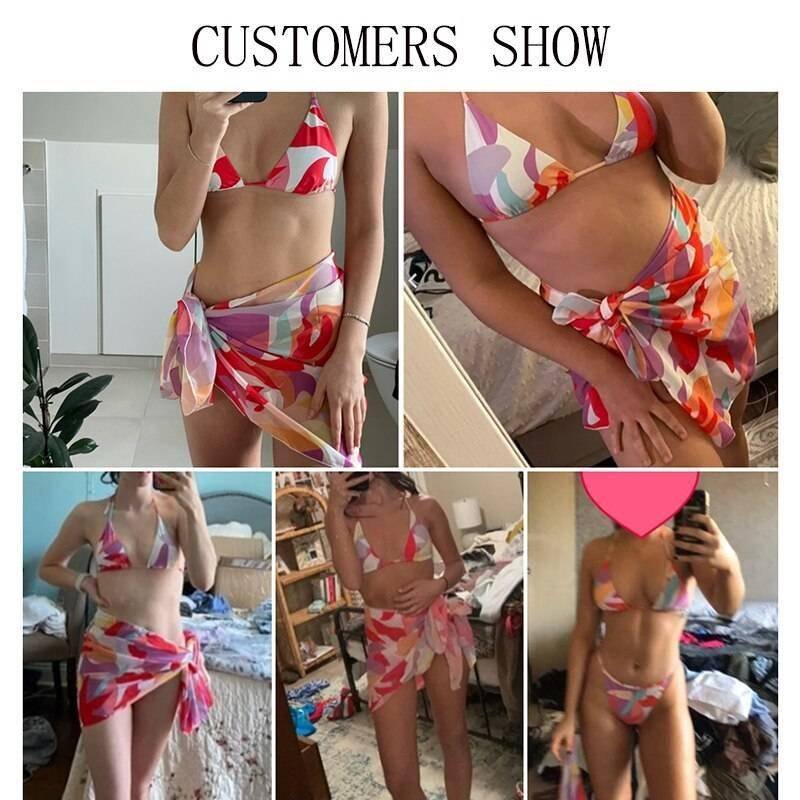 Sexy pink print swimsuit 3pieces mesh bikini set Triangle micro bikini String halter swimwear women Low waist bathing suit New