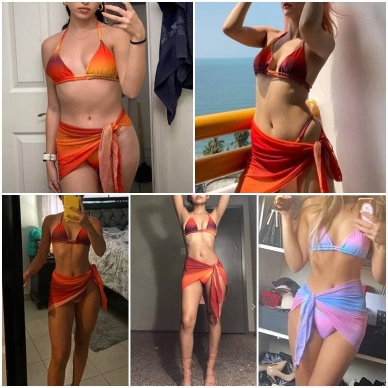 Sexy pink print swimsuit 3pieces mesh bikini set Triangle micro bikini String halter swimwear women Low waist bathing suit New