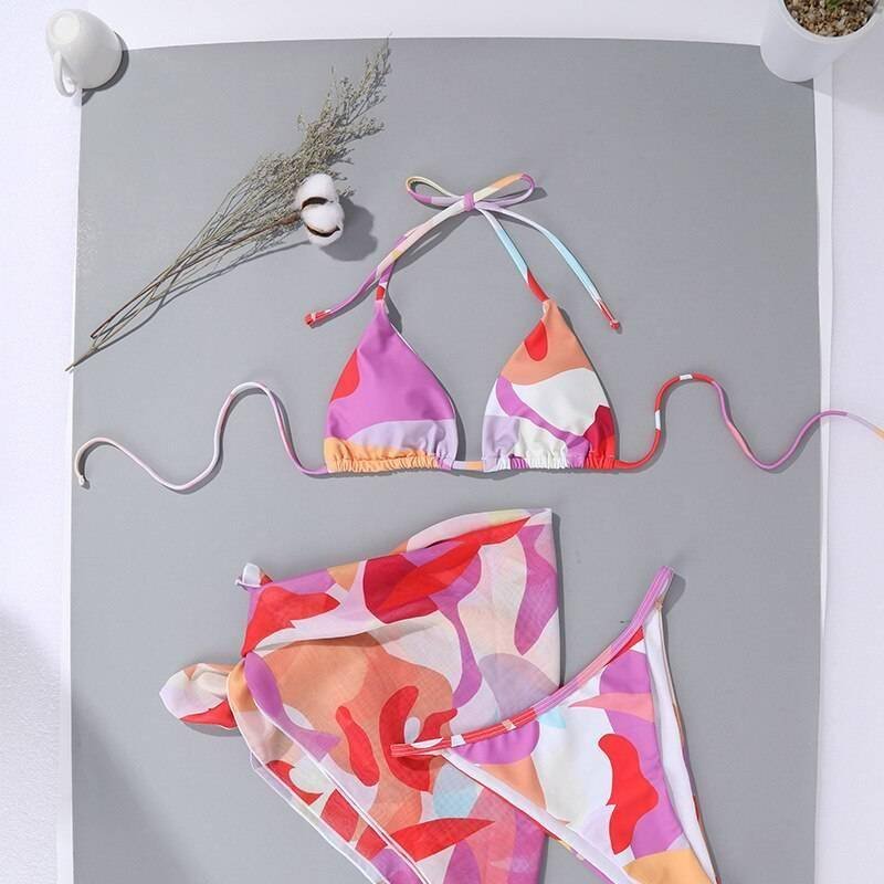 Sexy pink print swimsuit 3pieces mesh bikini set Triangle micro bikini String halter swimwear women Low waist bathing suit New