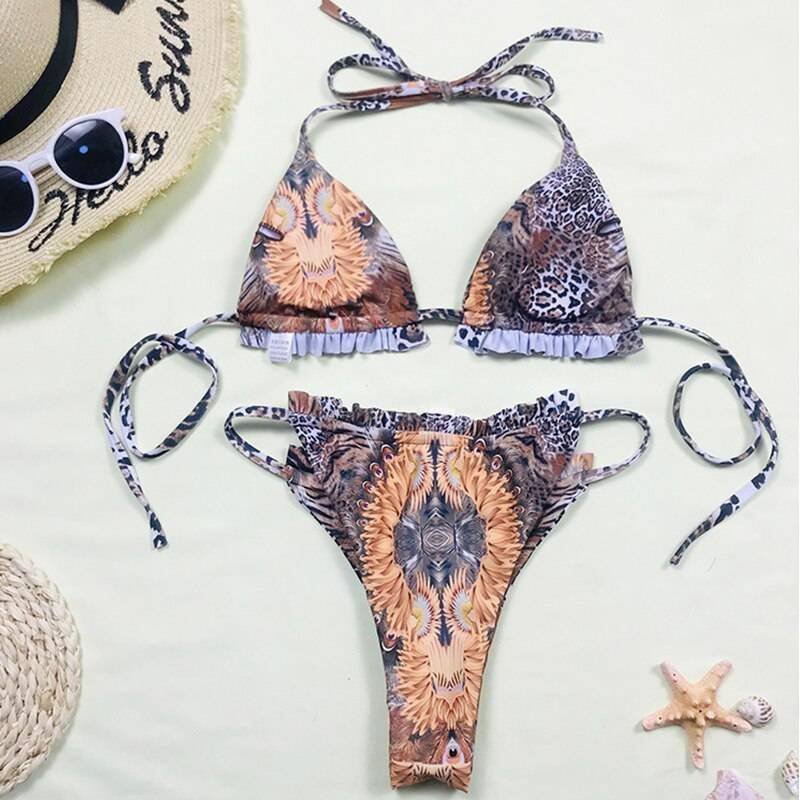 Sexy pink print swimsuit 3pieces mesh bikini set Triangle micro bikini String halter swimwear women Low waist bathing suit New