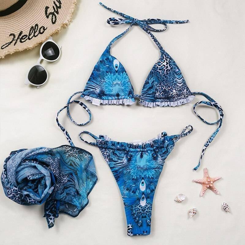 Sexy pink print swimsuit 3pieces mesh bikini set Triangle micro bikini String halter swimwear women Low waist bathing suit New