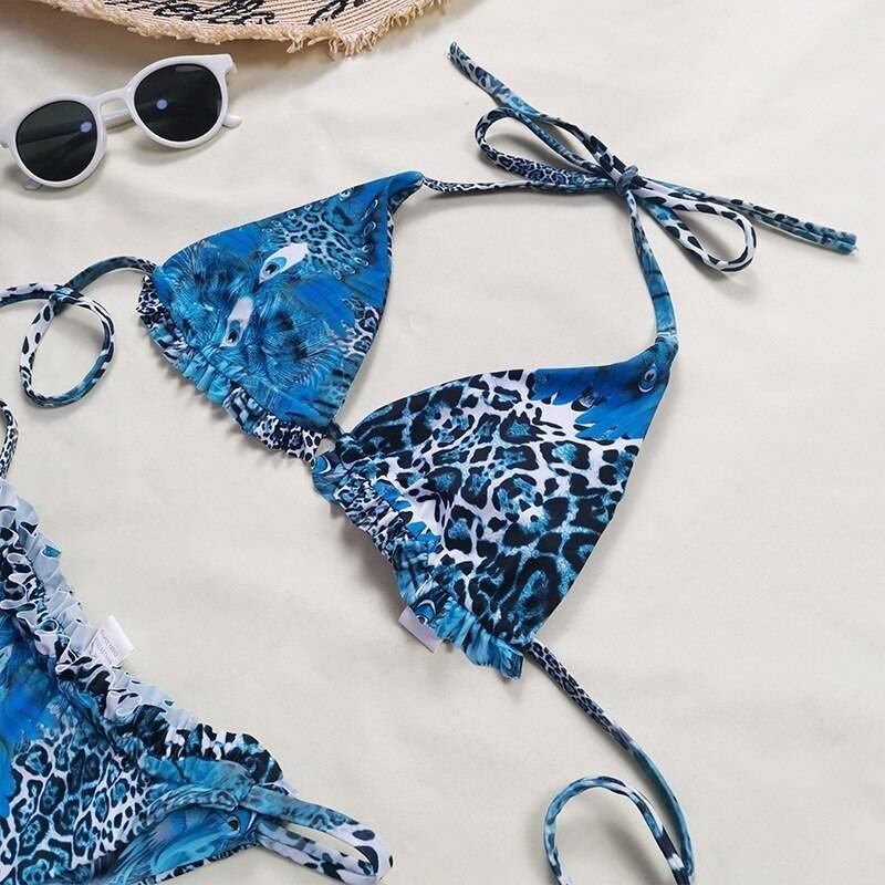 Sexy pink print swimsuit 3pieces mesh bikini set Triangle micro bikini String halter swimwear women Low waist bathing suit New