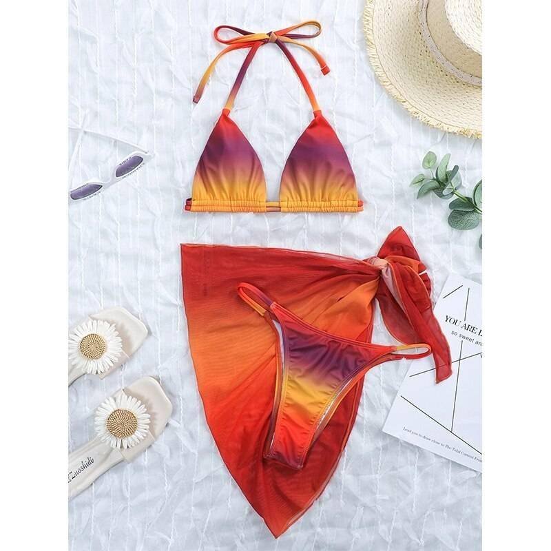 Sexy pink print swimsuit 3pieces mesh bikini set Triangle micro bikini String halter swimwear women Low waist bathing suit New