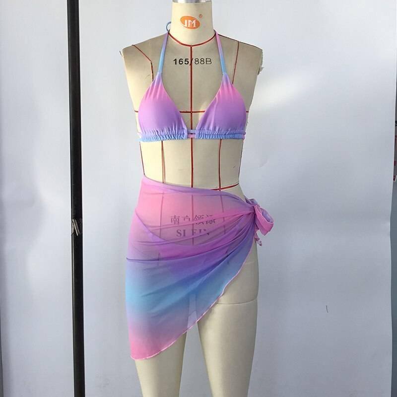 Sexy pink print swimsuit 3pieces mesh bikini set Triangle micro bikini String halter swimwear women Low waist bathing suit New