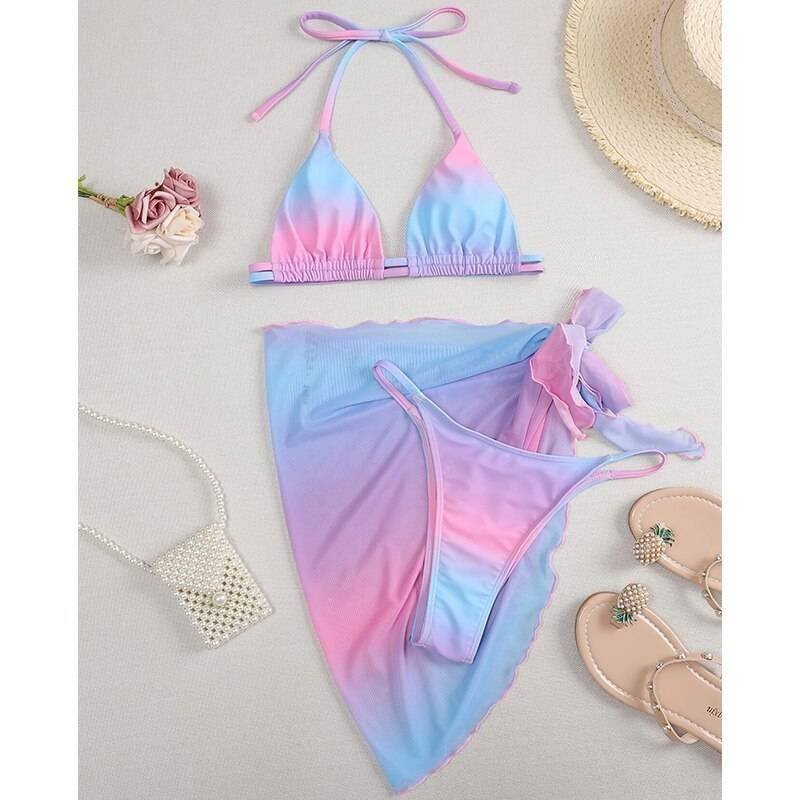 Sexy pink print swimsuit 3pieces mesh bikini set Triangle micro bikini String halter swimwear women Low waist bathing suit New