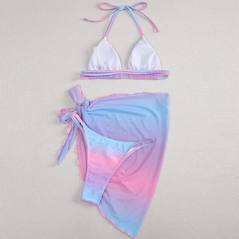 Sexy pink print swimsuit 3pieces mesh bikini set Triangle micro bikini String halter swimwear women Low waist bathing suit New