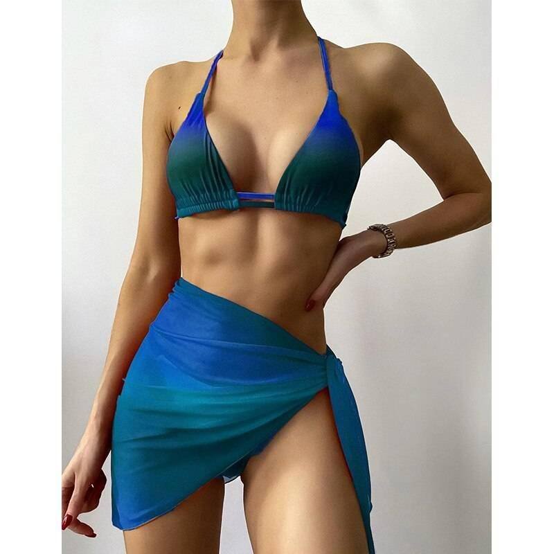 Sexy pink print swimsuit 3pieces mesh bikini set Triangle micro bikini String halter swimwear women Low waist bathing suit New