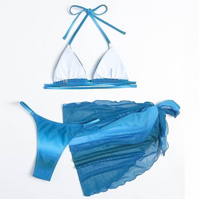 Sexy pink print swimsuit 3pieces mesh bikini set Triangle micro bikini String halter swimwear women Low waist bathing suit New