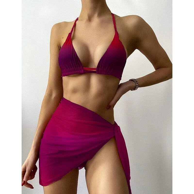 Sexy pink print swimsuit 3pieces mesh bikini set Triangle micro bikini String halter swimwear women Low waist bathing suit New