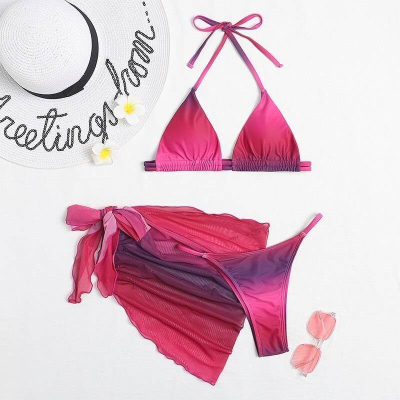 Sexy pink print swimsuit 3pieces mesh bikini set Triangle micro bikini String halter swimwear women Low waist bathing suit New