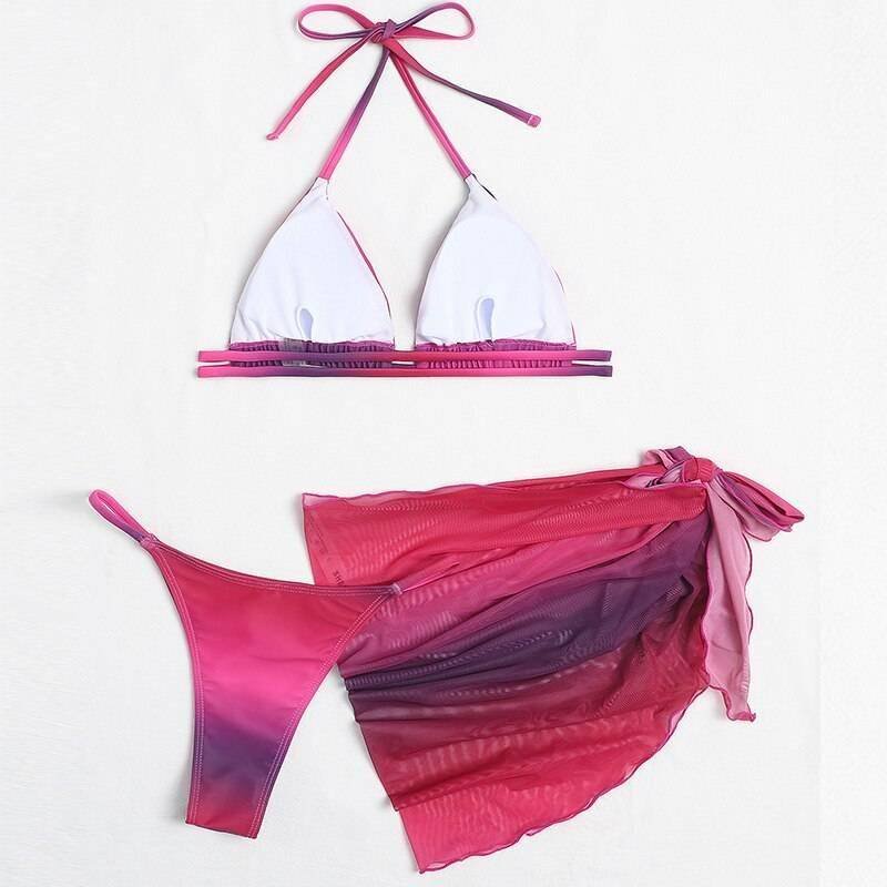 Sexy pink print swimsuit 3pieces mesh bikini set Triangle micro bikini String halter swimwear women Low waist bathing suit New