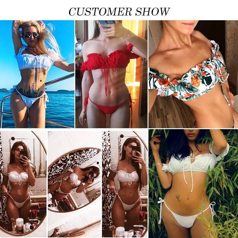 In-X Solid white ruffle swimsuit female Bandeau bikini 2020 Short sleeve swimwear women Tie side bathing suit High cut Biquini