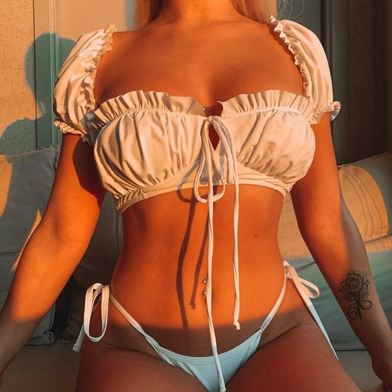 In-X Solid white ruffle swimsuit female Bandeau bikini 2020 Short sleeve swimwear women Tie side bathing suit High cut Biquini