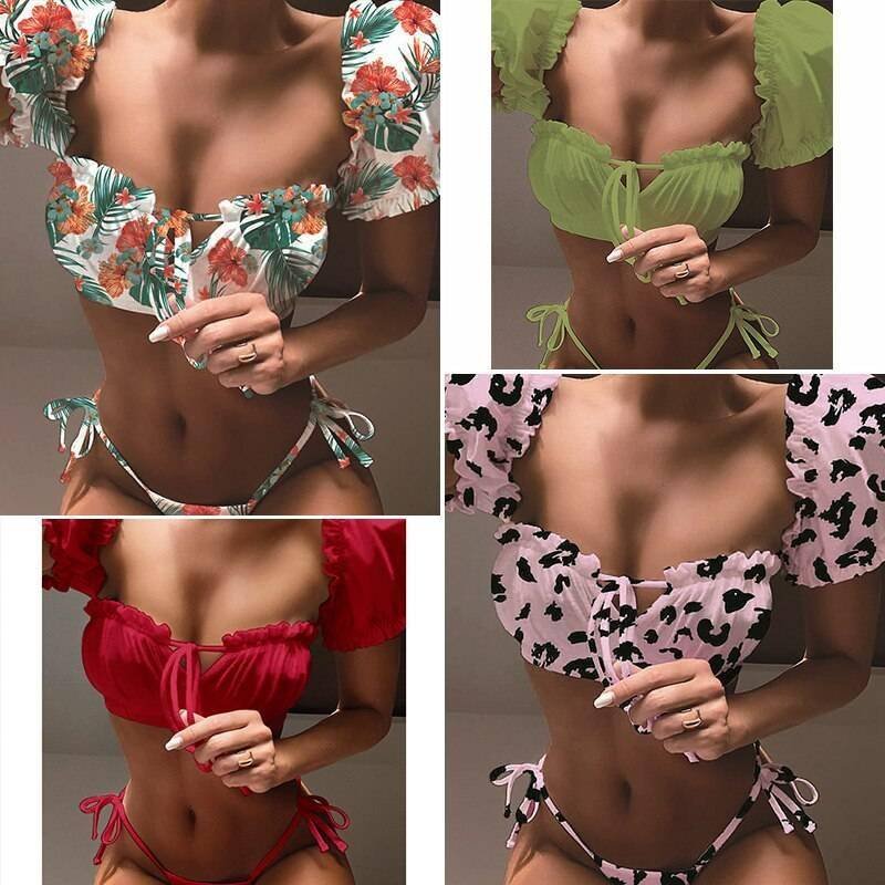 In-X Solid white ruffle swimsuit female Bandeau bikini 2020 Short sleeve swimwear women Tie side bathing suit High cut Biquini