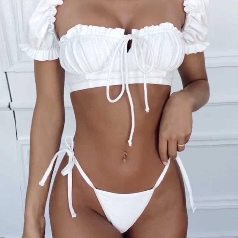 In-X Solid white ruffle swimsuit female Bandeau bikini 2020 Short sleeve swimwear women Tie side bathing suit High cut Biquini