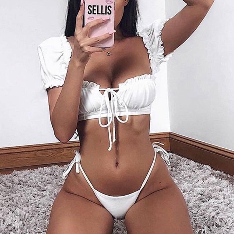 In-X Solid white ruffle swimsuit female Bandeau bikini 2020 Short sleeve swimwear women Tie side bathing suit High cut Biquini