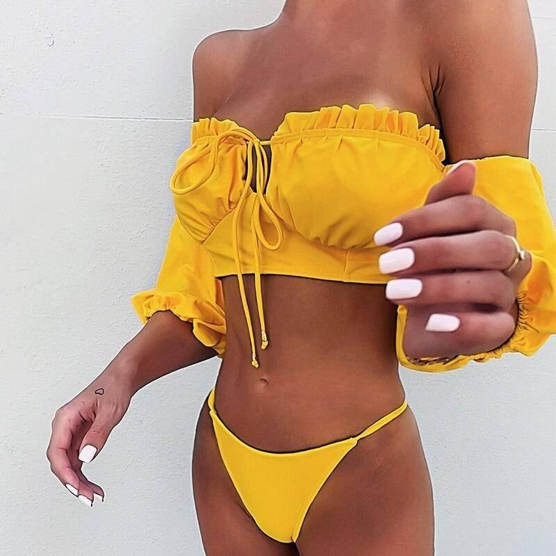 In-X Solid white ruffle swimsuit female Bandeau bikini 2020 Short sleeve swimwear women Tie side bathing suit High cut Biquini