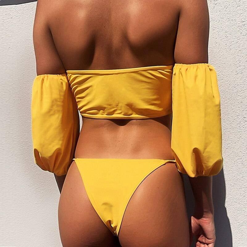 In-X Solid white ruffle swimsuit female Bandeau bikini 2020 Short sleeve swimwear women Tie side bathing suit High cut Biquini