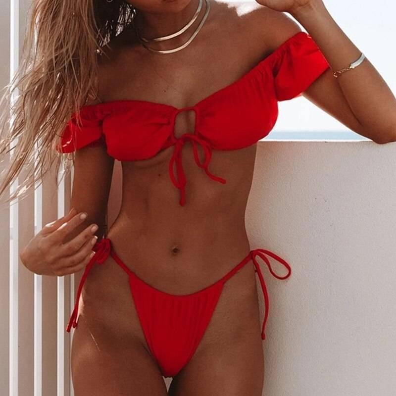 In-X Solid white ruffle swimsuit female Bandeau bikini 2020 Short sleeve swimwear women Tie side bathing suit High cut Biquini