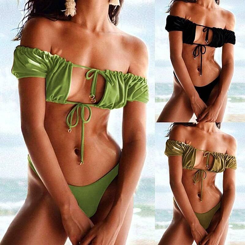 In-X Solid white ruffle swimsuit female Bandeau bikini 2020 Short sleeve swimwear women Tie side bathing suit High cut Biquini