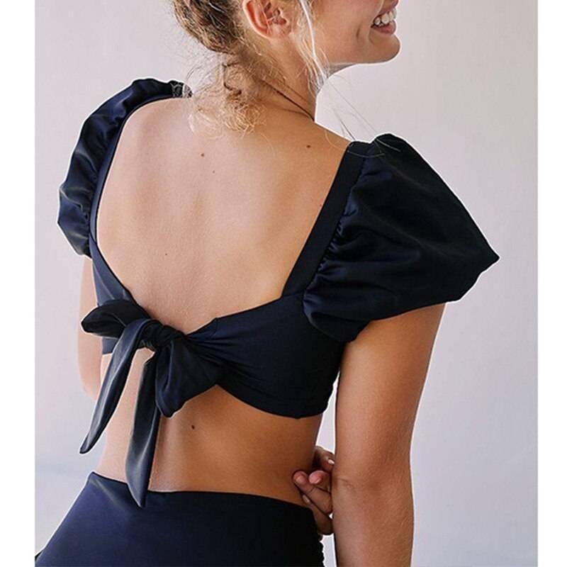 In-X Solid white ruffle swimsuit female Bandeau bikini 2020 Short sleeve swimwear women Tie side bathing suit High cut Biquini