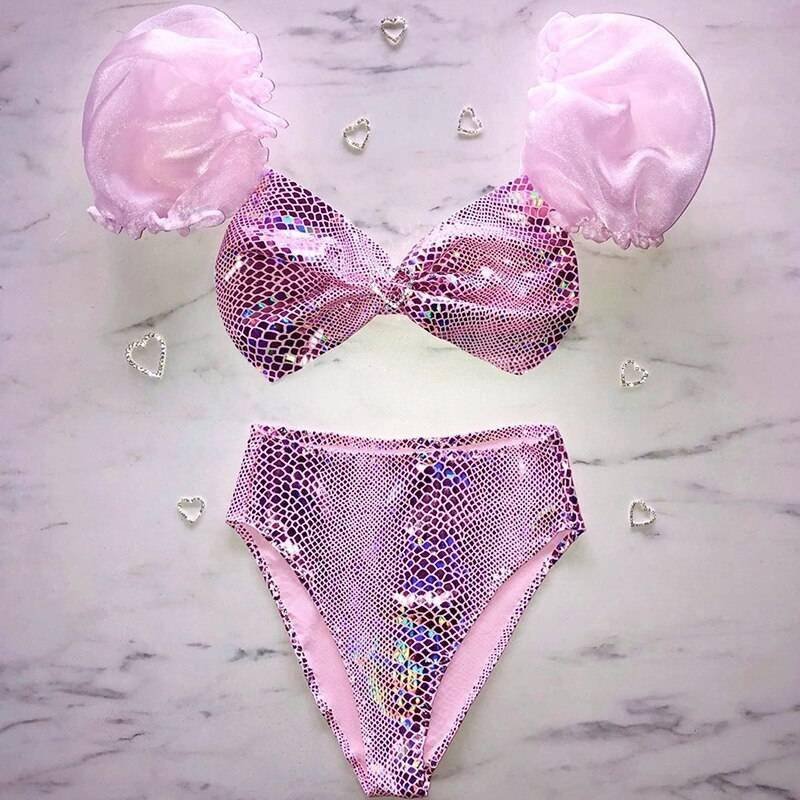 In-X Solid white ruffle swimsuit female Bandeau bikini 2020 Short sleeve swimwear women Tie side bathing suit High cut Biquini