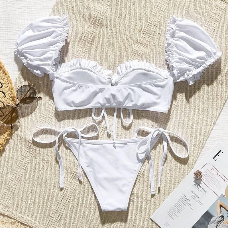 In-X Solid white ruffle swimsuit female Bandeau bikini 2020 Short sleeve swimwear women Tie side bathing suit High cut Biquini
